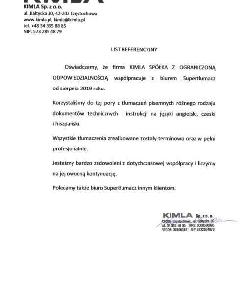 List referencyjny KIMLA